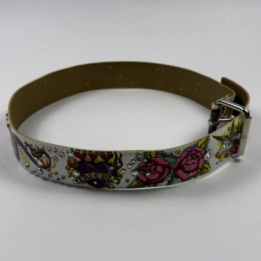 Ed Hardy Style Tattoo-Inspired Graphic Belt Colorful Rhinestone Accents 38.5
